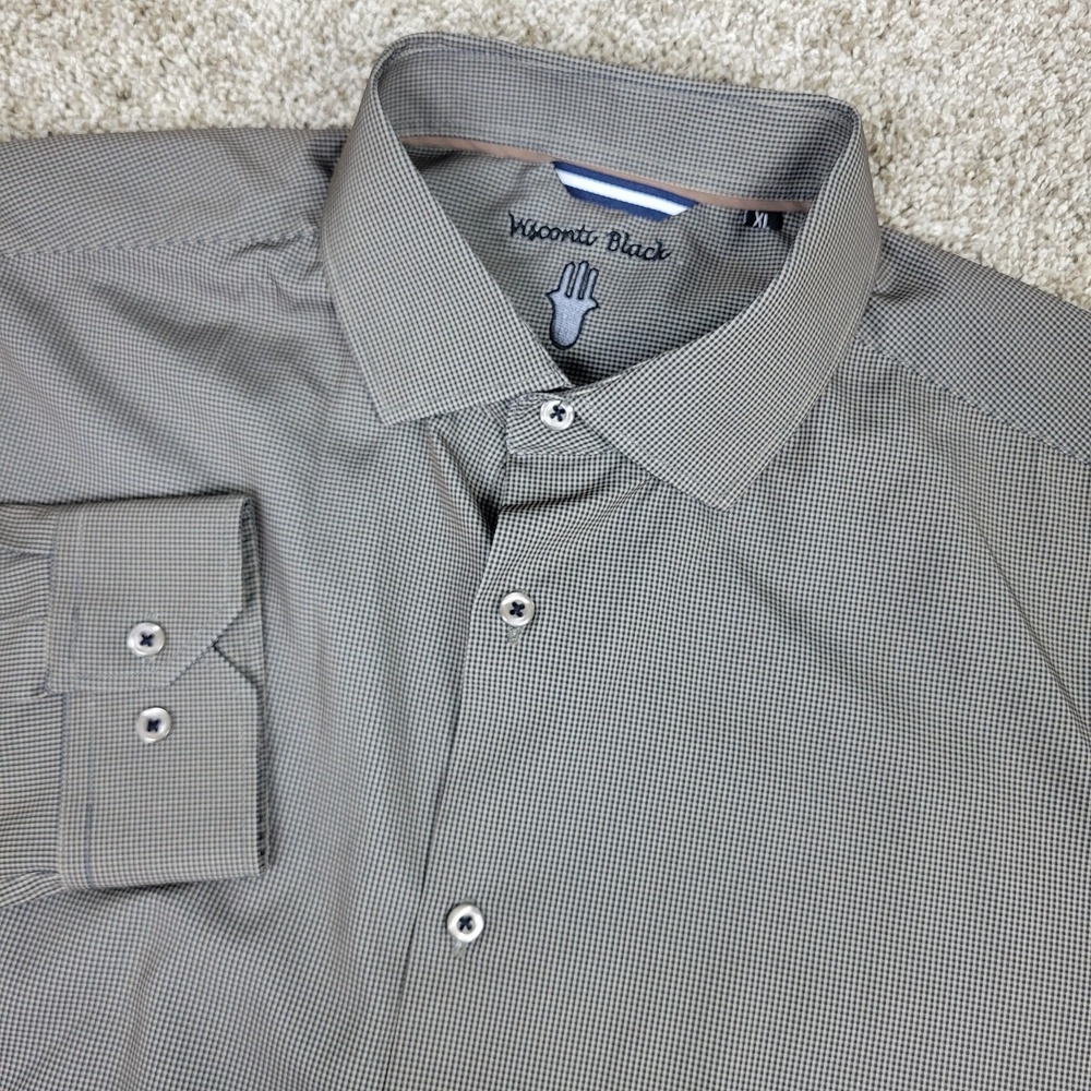 Visconti Black Mens XL Gray Mini Check Performance Stretch Button Down LS